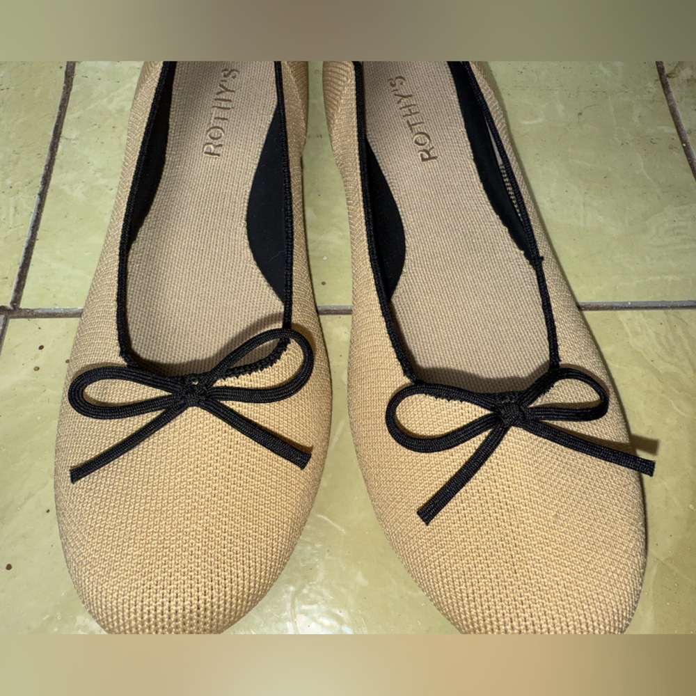Rothy’s Tan Knit Ballet Flats Black Bow Round Toe Sustainable Size 9.5 - Picture 7 of 9